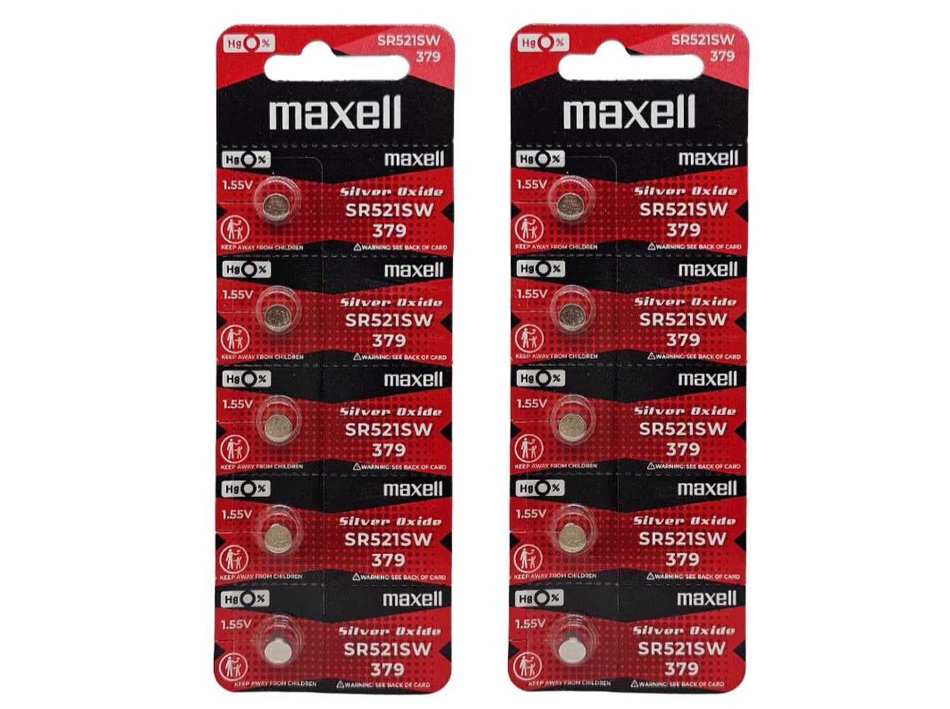 Maxell SR521SW (379) Silver Oxide Watch Batteries - 10 Pack (B5 x 2)