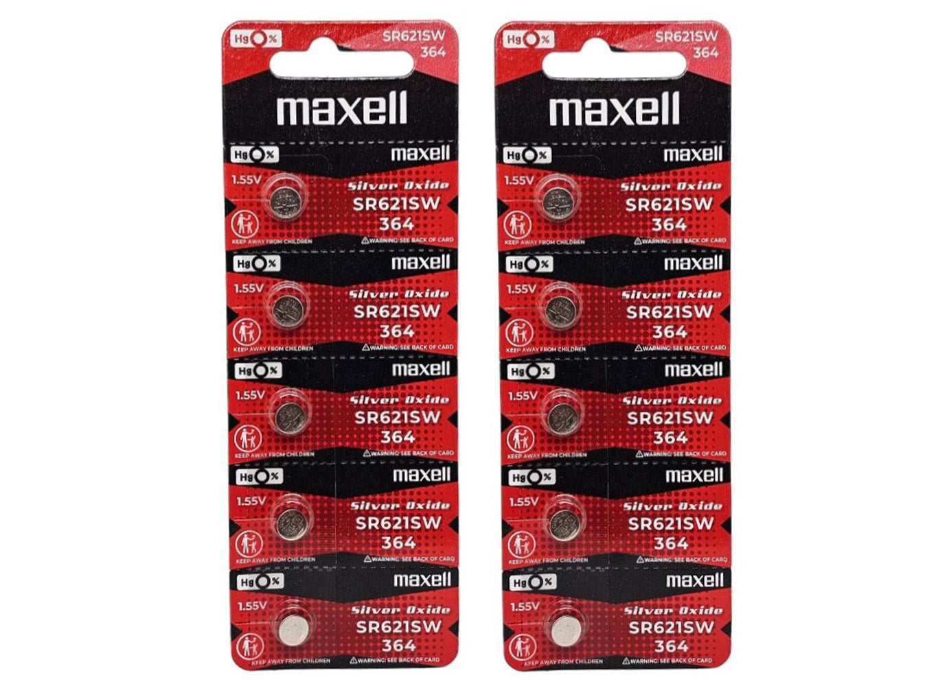 Maxell SR621SW (364) Silver Oxide 1.55V watch battery - 10 Pack (B5 x 2)