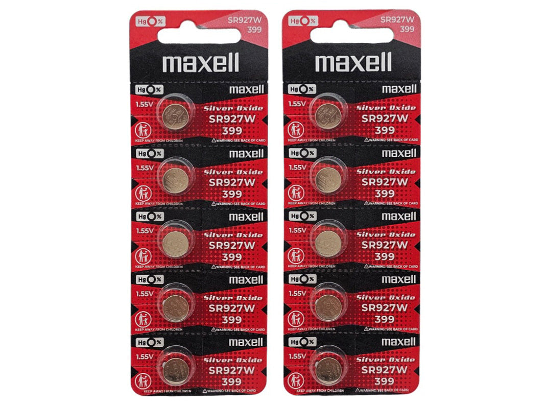 Maxell SR927W (399) Silver Oxide high drain watch battery - 10 Pack (B5 x 2)