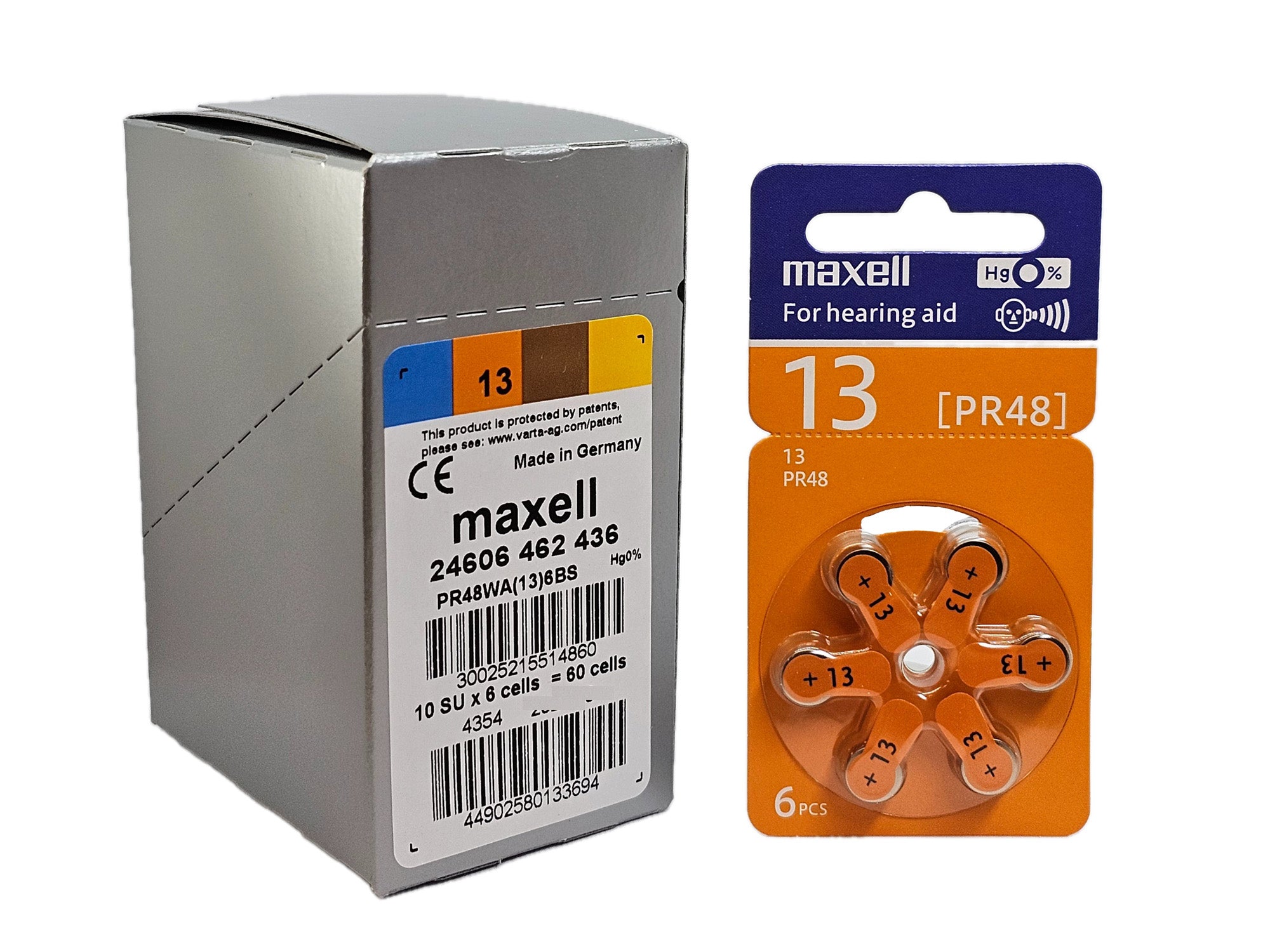 Maxell P13 (PR48, size 13) Hearing Aid Batteries - 60 Pack (B6 x 10)