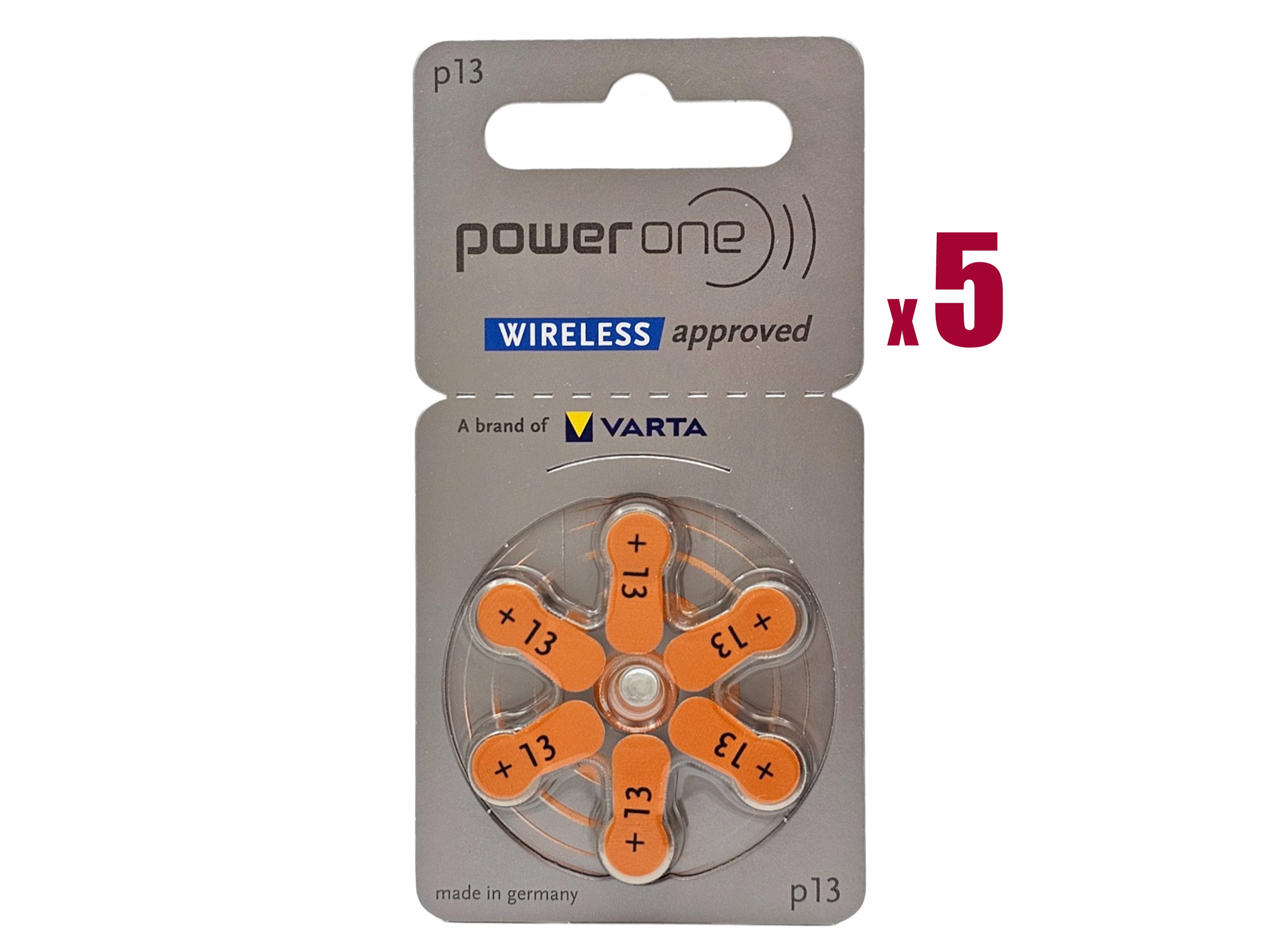Powerone P13 (PR48, size 13) Hearing Aid Batteries - 30 Pack (B6 x 5)