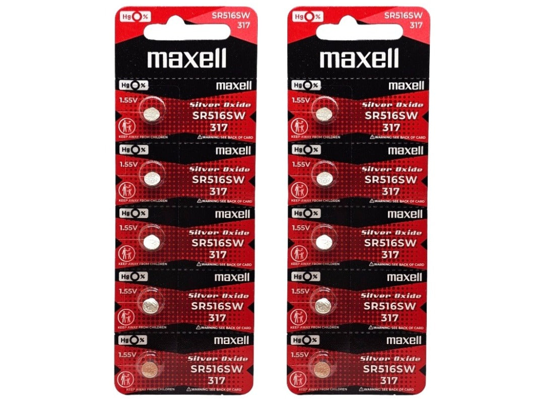 Maxell SR516SW (317) silver oxide - 10 watch batteries (B5 x 2)