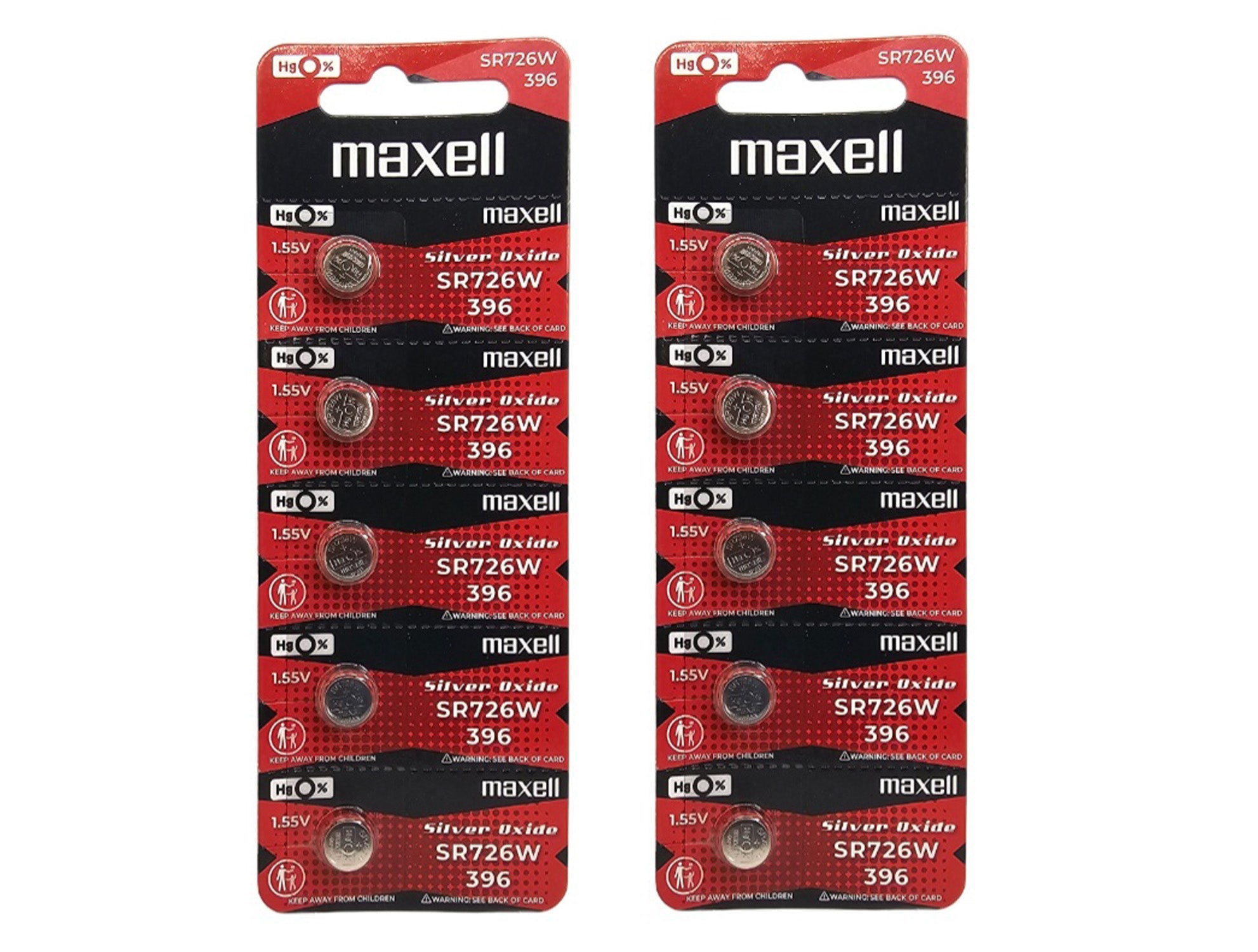 Maxell SR726W (396) Silver Oxide High Drain Watch Batteries - 10 Pack (B5 x 2)