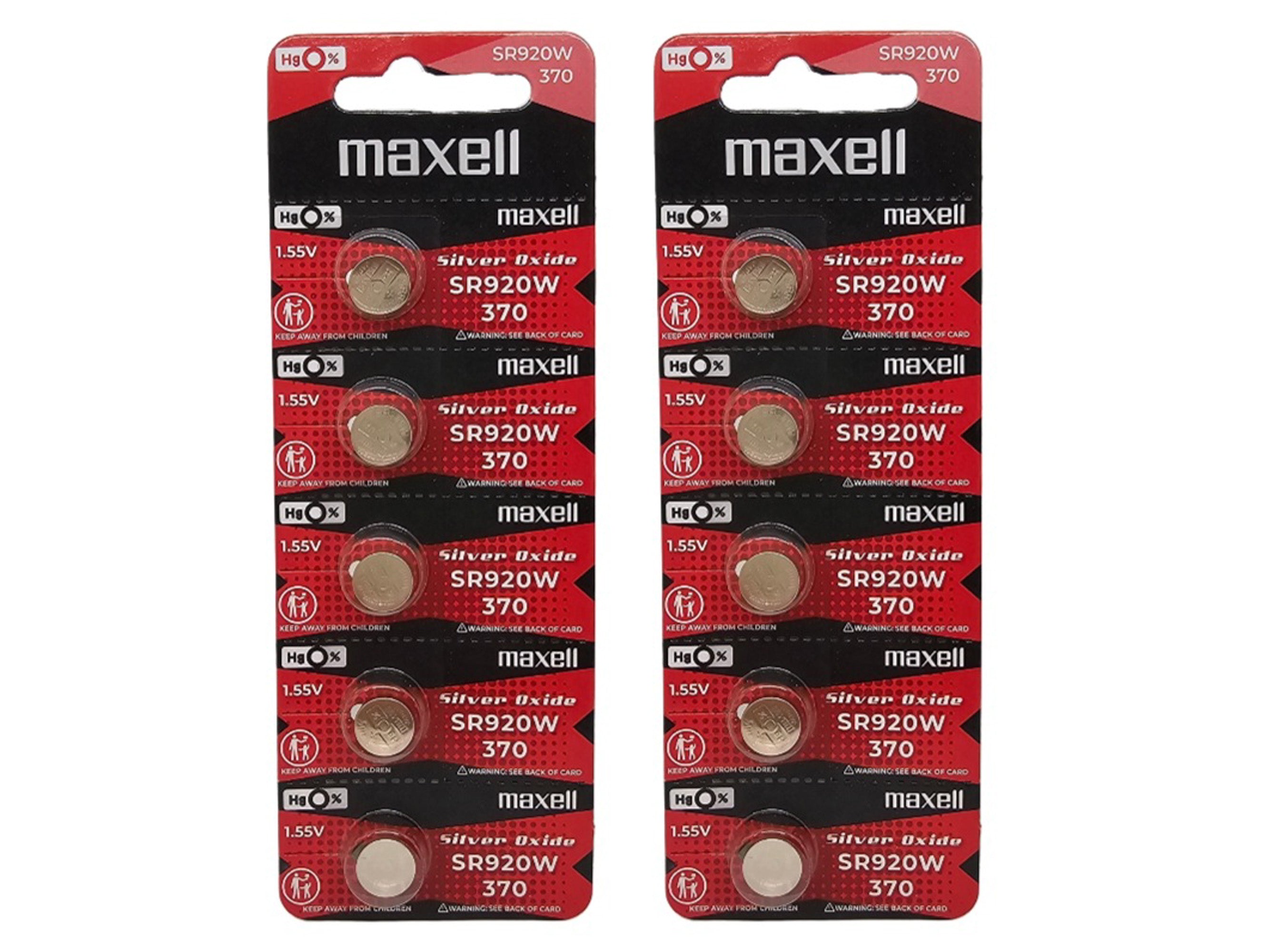 Maxell SR920W (370) Silver Oxide 1.55V high drain watch battery - 10 Pack (B5 x 2)