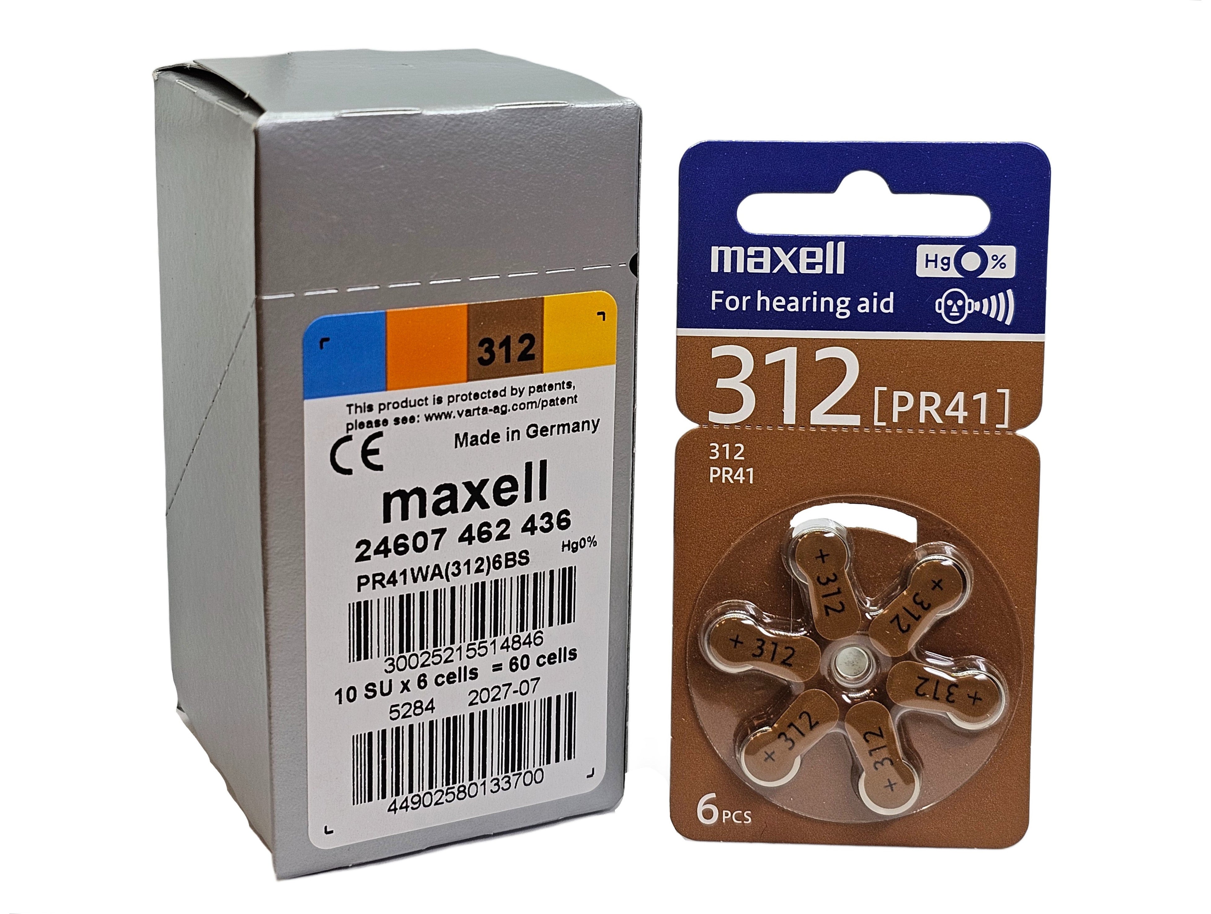 Maxell P312 (PR41, size 312) Zinc Air Hearing Aid - 60 batteries (1 box)