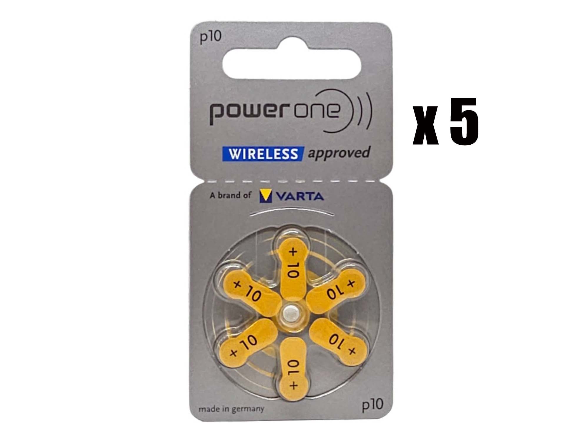 PowerOne P10 (PR70, size 10) Zinc Air Hearing Aid Batteries - 30 Pack (B6 x 5)